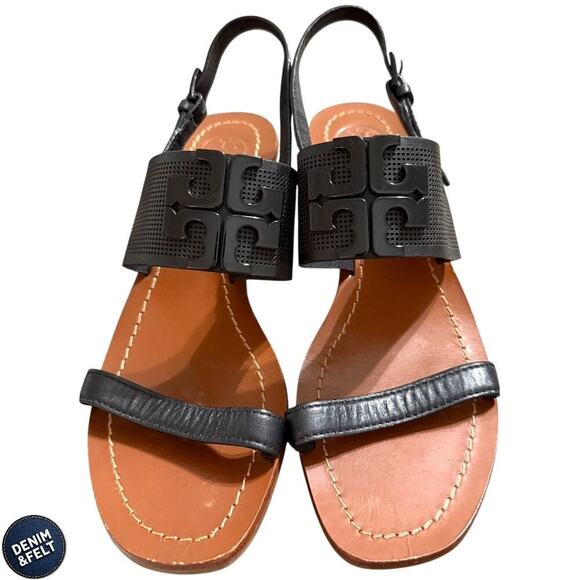 Tory Burch Lowell II Black Leather Logo Sandals Size 7.5M – Chic & Classic - Picture 1 of 14